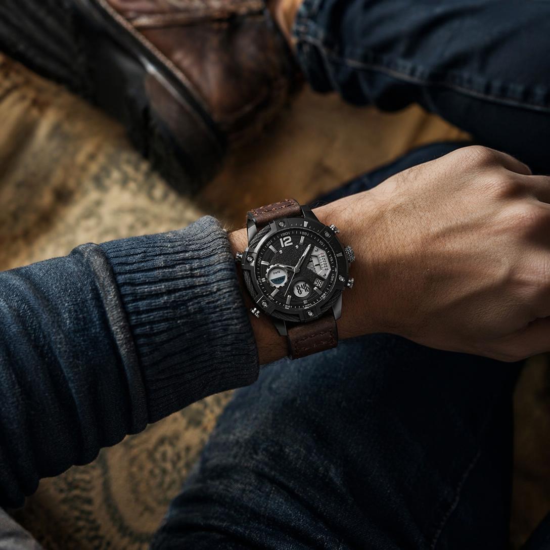 🔥Multifunctional Dual Display 3ATM Waterproof Men's Quartz Sports Watch