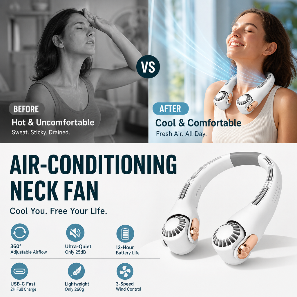 🌀 LIMITED-TIME 30% OFF! 💥 360° Rotating Neck Fan – Ultra Quiet, 3 Speeds, Hands-Free, Long Battery ✨