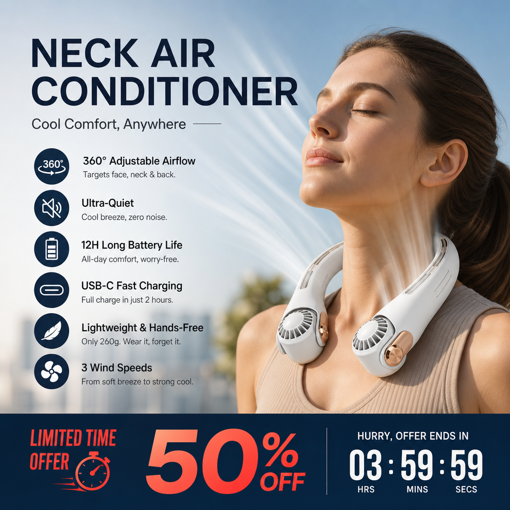 🌀 LIMITED-TIME 30% OFF! 💥 360° Rotating Neck Fan – Ultra Quiet, 3 Speeds, Hands-Free, Long Battery ✨
