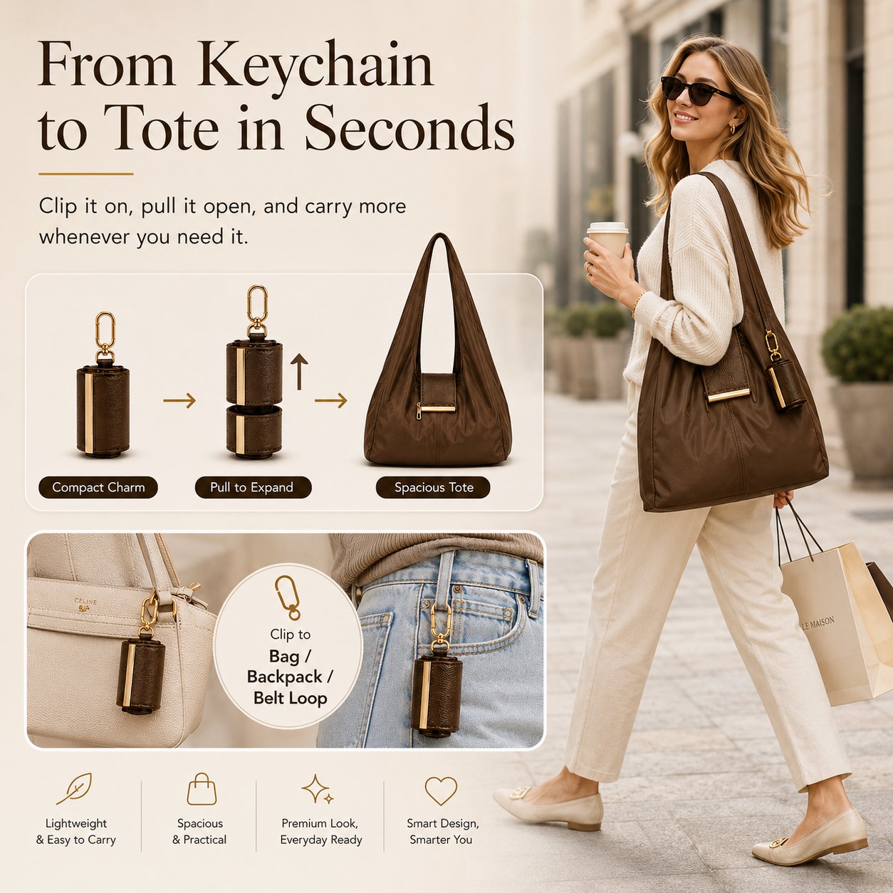 Transformable Bag – Stylish Vegan Leather Tote and Keychain Charm