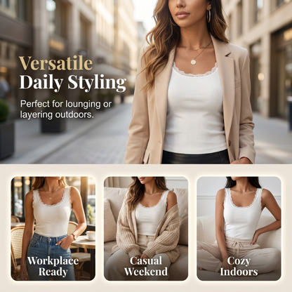 📢📢49% OFF !! ⏰Women's Slim Fit Sleeveless Top Ribbed Cami with Built-in Cups and Lace