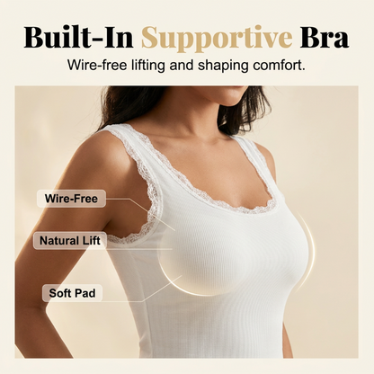 📢📢49% OFF !! ⏰Women's Slim Fit Sleeveless Top Ribbed Cami with Built-in Cups and Lace