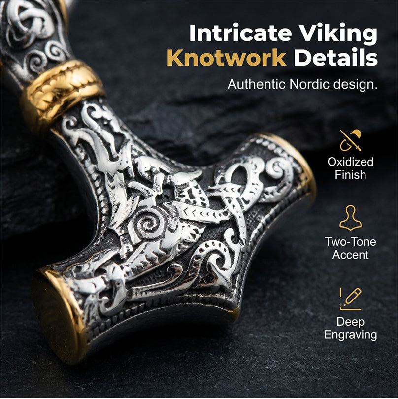 Viking Thor Hammer Pendant Necklace – Stainless Steel Byzantine Chain
