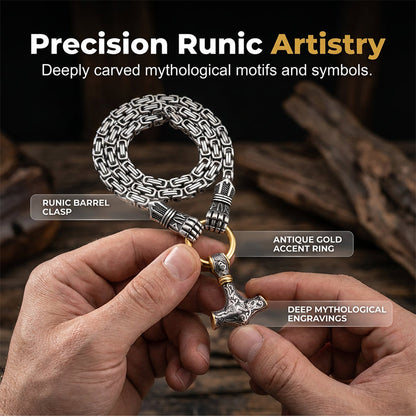 Viking Thor Hammer Pendant Necklace – Stainless Steel Byzantine Chain