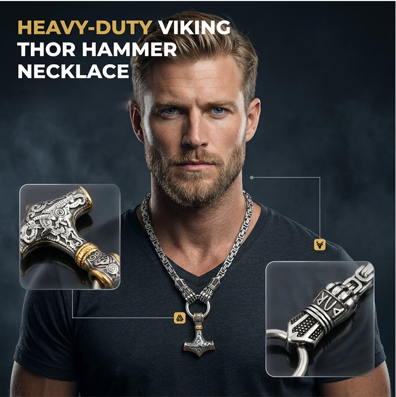 Viking Thor Hammer Pendant Necklace – Stainless Steel Byzantine Chain