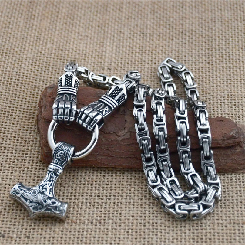 Viking Thor Hammer Pendant Necklace – Stainless Steel Byzantine Chain